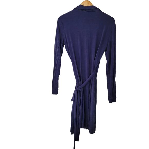 Quince Women's Wrap Dress Size L Navy Blue 100% Silk Solid Long Sleeves Collared - Picture 3 of 8